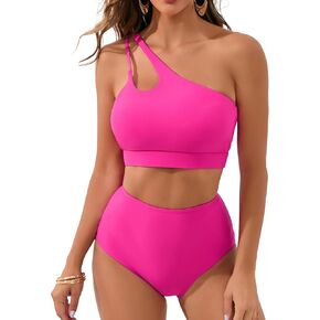 أطقم بيكيني من كرومي للنساء بدلة استحمام عالية الخصر بكتف واحد مقصوصة بأشرطة سباغيتي قابلة للتعديل in Kuwait