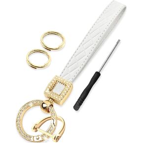 Extended Wristlet Keychain for Women Rhinestone Ring Carabiner & Horseshoe Clasp for Car Keys Rings Leather Wrist Strap