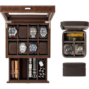 TAWBURY GIFT SET | Bayswater 8 Slot Watch Box with Drawer (Brown) and Fraser 2 Watch Travel Case with Storage (Brown)
