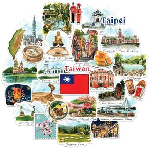 Navy Peony Timeless Taiwan Travel Stickers (28pcs)-Watercolor, Waterproof, Formosa Taiwanese-Themed Vacation Decals for Journals, Scrapbooks, Luggage