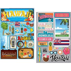 Hawaii Scrapbook Stickers - Hawaiian Stickers for Travel Theme Scrapbook with Aloha, Pineapple, Palm Tree, Tropical Theme | Beach Scrapbook Vacation Stickers for Scrapbooking, Planner, Photo Album