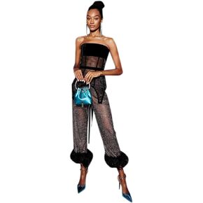 Women's Sexy Feather Furry Trim Mesh Pants Sparkly Sequin Bottom Trousers Leggings for Rave Dance Festival Clubwear