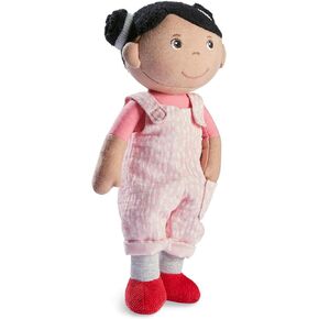 HABA Snug Up Doll Rumbi - 10" Soft Doll with Black Hair and Pink Overalls - Machine Washable for 18 Months and Up