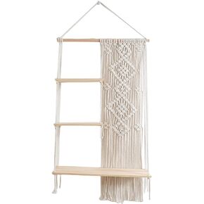 Macrame Wall Hanging Shelf Boho Wood Floating Storage Shelf, 3 Tier Display Shelving for Hanging Plants Photos, Rustic Wall Decor with Tassel and Woven Rope for Home Bedroom Living Room