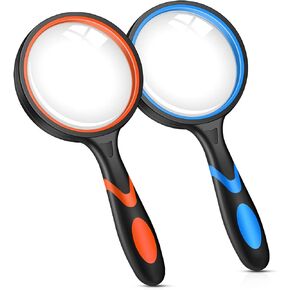 2PCS Upgrade 10X Magnifying Glass, Large Handheld Magnifier Magnafying. Glasses for Kids/Seniors Reading, 3 Inch Shatterproof Lupa Magnify Glass Lens, Rubber Handle - for Observation