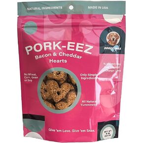 Pork-EEZ Bacon and Cheddar Flavored Natural Dog Treats. Heart Shaped Cookie Snacks formulated with no Corn, Soy, or Wheat.