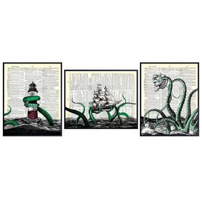 Octopus Kraken Dictionary Wall Art Print Set - Upcycled Vintage 8x10 Home or Office Decor for Bathroom, Bath, Beach or Ocean House - Unique Gift for Nautical, Ocean, Sea Lover - Unframed Posters