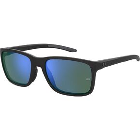 UA Hustle Rectangular Sunglasses, Shiny Black Frame w/Tuned Blue-Green Lenses
