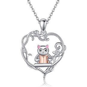 Book Necklace 925 Sterling Silver Cat Reading Book Pendant Necklace Book Lovers Jewelry Gifts for Women Girls