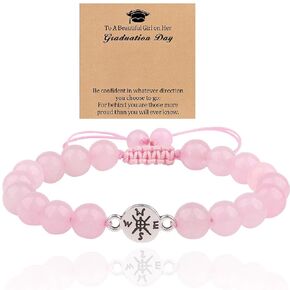 Graduation Bracelet Graduation Gifts Compass Bracelets for Women Mens Boy Girls 8mm Natural Stone Compass Bracelets (Rose Quartz)
