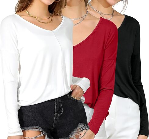 DOUBLJU 3 Pack Casual Long Sleeve V Neck T Shirts Loose Fit Pullover Trendy Tunic Tops Workout Sets for Women in Saudi Arabia