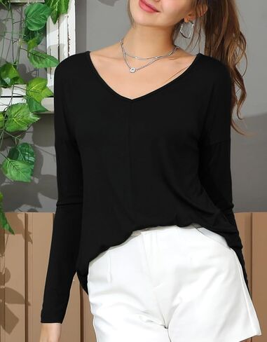 DOUBLJU 3 Pack Casual Long Sleeve V Neck T Shirts Loose Fit Pullover Trendy Tunic Tops Workout Sets for Women in Saudi Arabia