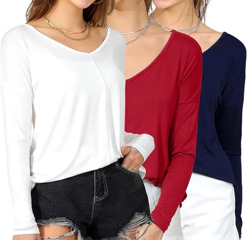 DOUBLJU 3 Pack Casual Long Sleeve V Neck T Shirts Loose Fit Pullover Trendy Tunic Tops Workout Sets for Women in Saudi Arabia