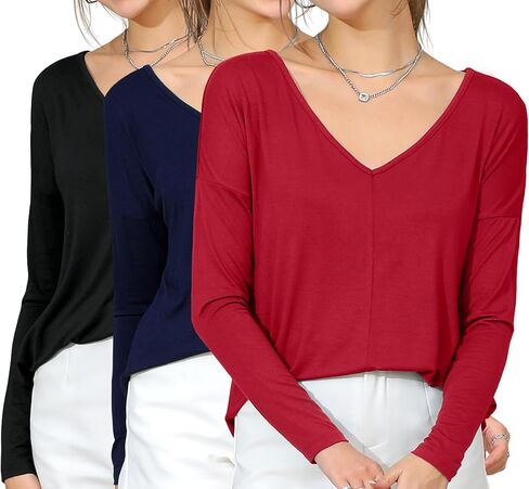 DOUBLJU 3 Pack Casual Long Sleeve V Neck T Shirts Loose Fit Pullover Trendy Tunic Tops Workout Sets for Women in Saudi Arabia
