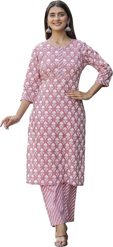 Women's Cotton Printed Kurta with Lehriya Pant - (Pink) in Saudi Arabia