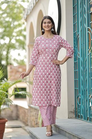Women's Cotton Printed Kurta with Lehriya Pant - (Pink) in Saudi Arabia