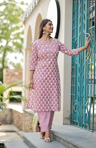 Women's Cotton Printed Kurta with Lehriya Pant - (Pink) in Saudi Arabia