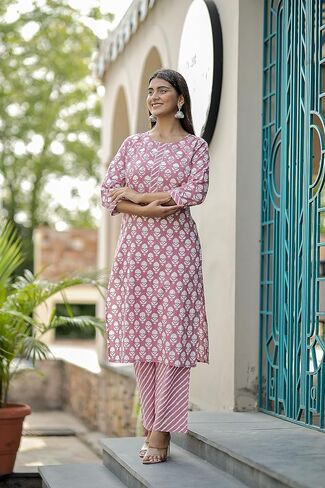 Women's Cotton Printed Kurta with Lehriya Pant - (Pink) in Saudi Arabia