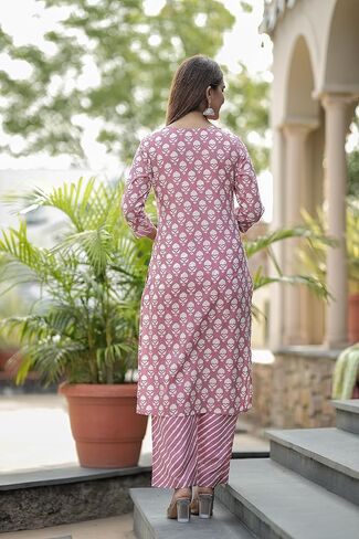 Women's Cotton Printed Kurta with Lehriya Pant - (Pink) in Saudi Arabia
