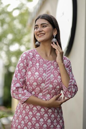 Women's Cotton Printed Kurta with Lehriya Pant - (Pink) in Saudi Arabia