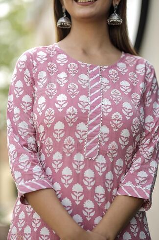 Women's Cotton Printed Kurta with Lehriya Pant - (Pink) in Saudi Arabia