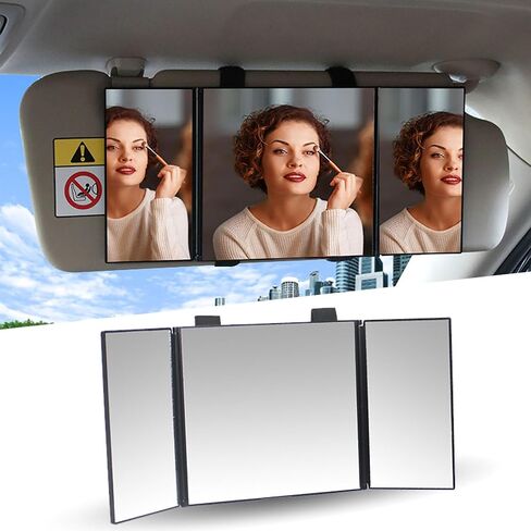 1 PC Car Tri-fold Folding Sun Visor Vanity Mirror, 12" x 5.5" Travel High-definition Vanity Mirror, Portable Velcro Mounted Sun Visor Makeup Mirror, Universal for Car Interior Accessory (Black) in Saudi Arabia