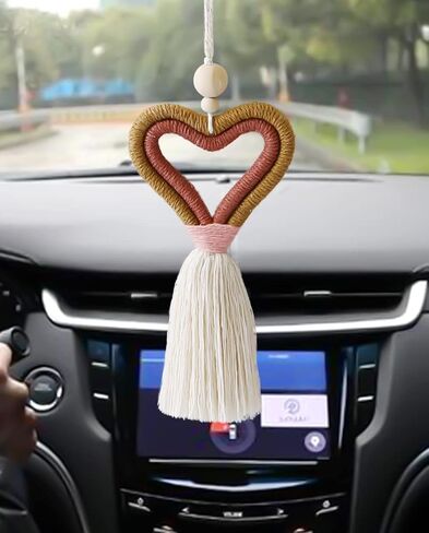 Boho Love Heart Car Charm Handmade Essential Oil Car Diffuser Car Hanging Accessories Car Rear View Mirror Decoration with Wooden Beads for Car Home Decor (Coffee) in Saudi Arabia