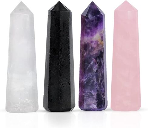 4 Pcs Healing Crystal Wand Set - Crystal Towers Set - Chakra Wand - Clear Quartz - Amethyst - Rose Quartz - Crystal Points - Reiki Supplies - Chakra Decor - Crystal Obelisk - Good Luck Gifts in Kuwait