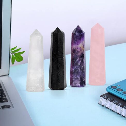 4 Pcs Healing Crystal Wand Set - Crystal Towers Set - Chakra Wand - Clear Quartz - Amethyst - Rose Quartz - Crystal Points - Reiki Supplies - Chakra Decor - Crystal Obelisk - Good Luck Gifts in Kuwait
