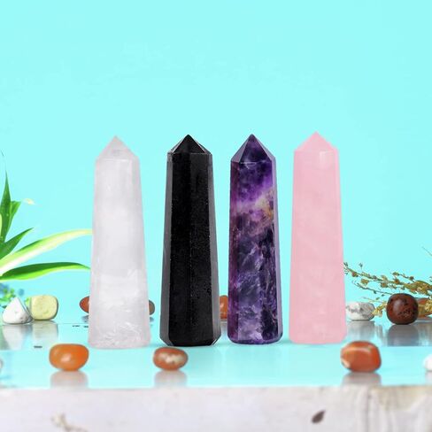 4 Pcs Healing Crystal Wand Set - Crystal Towers Set - Chakra Wand - Clear Quartz - Amethyst - Rose Quartz - Crystal Points - Reiki Supplies - Chakra Decor - Crystal Obelisk - Good Luck Gifts in Kuwait