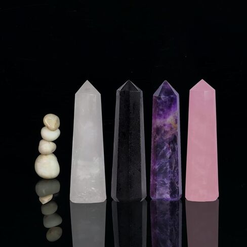 4 Pcs Healing Crystal Wand Set - Crystal Towers Set - Chakra Wand - Clear Quartz - Amethyst - Rose Quartz - Crystal Points - Reiki Supplies - Chakra Decor - Crystal Obelisk - Good Luck Gifts in Kuwait