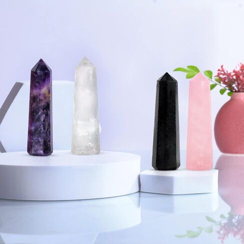 4 Pcs Healing Crystal Wand Set - Crystal Towers Set - Chakra Wand - Clear Quartz - Amethyst - Rose Quartz - Crystal Points - Reiki Supplies - Chakra Decor - Crystal Obelisk - Good Luck Gifts in Kuwait