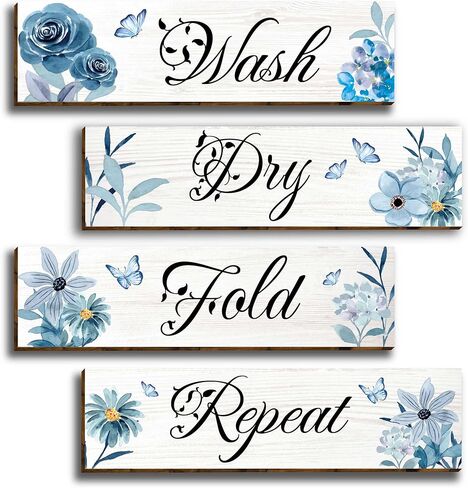 vagafilla 4 قطع الأزرق الأزهار الحديثة غرفة الغسيل ديكور جدار خشبي ديكور الفن، غسل الجافة أضعاف تكرار علامات الحمام جدار علامة الحديثة مزرعة الغسيل جدار ديكور، قواعد الغسيل شنقا ديكور للحمام-44 in Kuwait