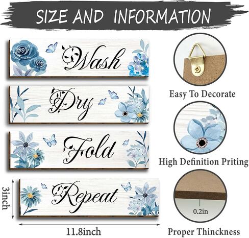 vagafilla 4 قطع الأزرق الأزهار الحديثة غرفة الغسيل ديكور جدار خشبي ديكور الفن، غسل الجافة أضعاف تكرار علامات الحمام جدار علامة الحديثة مزرعة الغسيل جدار ديكور، قواعد الغسيل شنقا ديكور للحمام-44 in Kuwait