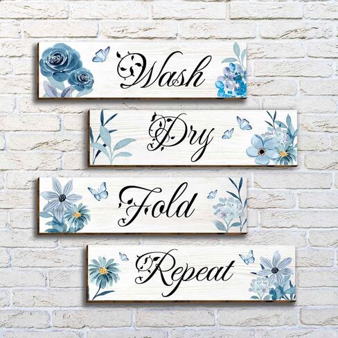 vagafilla 4 قطع الأزرق الأزهار الحديثة غرفة الغسيل ديكور جدار خشبي ديكور الفن، غسل الجافة أضعاف تكرار علامات الحمام جدار علامة الحديثة مزرعة الغسيل جدار ديكور، قواعد الغسيل شنقا ديكور للحمام-44 in Kuwait