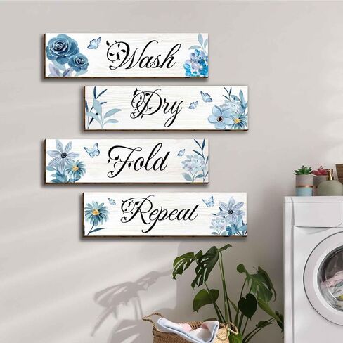 vagafilla 4 قطع الأزرق الأزهار الحديثة غرفة الغسيل ديكور جدار خشبي ديكور الفن، غسل الجافة أضعاف تكرار علامات الحمام جدار علامة الحديثة مزرعة الغسيل جدار ديكور، قواعد الغسيل شنقا ديكور للحمام-44 in Kuwait