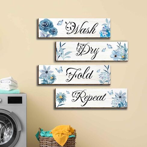 vagafilla 4 قطع الأزرق الأزهار الحديثة غرفة الغسيل ديكور جدار خشبي ديكور الفن، غسل الجافة أضعاف تكرار علامات الحمام جدار علامة الحديثة مزرعة الغسيل جدار ديكور، قواعد الغسيل شنقا ديكور للحمام-44 in Kuwait