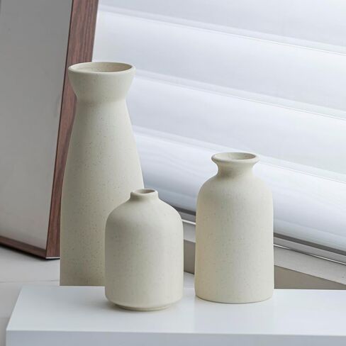 Distressed Ceramic Vase Set of 3, Modern Bohemian Farmhouse Home Decor, Pampas Grass Dried Flowers Vases for Living Room, Dining Room, Bedroom, Kitchen, Bathroom, Office, Entryway (Beige) in Saudi Arabia