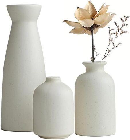 Distressed Ceramic Vase Set of 3, Modern Bohemian Farmhouse Home Decor, Pampas Grass Dried Flowers Vases for Living Room, Dining Room, Bedroom, Kitchen, Bathroom, Office, Entryway (Beige) in Saudi Arabia