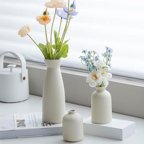 Distressed Ceramic Vase Set of 3, Modern Bohemian Farmhouse Home Decor, Pampas Grass Dried Flowers Vases for Living Room, Dining Room, Bedroom, Kitchen, Bathroom, Office, Entryway (Beige) in Saudi Arabia