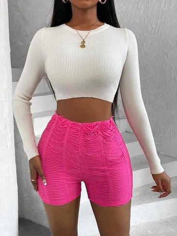 OYOANGLE Women's High Elastic Waist Ripped Shorts Solid Slit Fit Yoga Shorts for Summer in Saudi Arabia