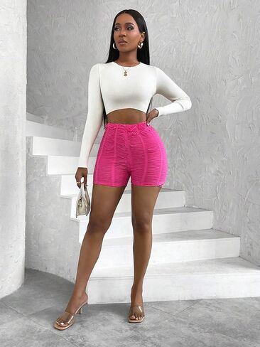 OYOANGLE Women's High Elastic Waist Ripped Shorts Solid Slit Fit Yoga Shorts for Summer in Saudi Arabia