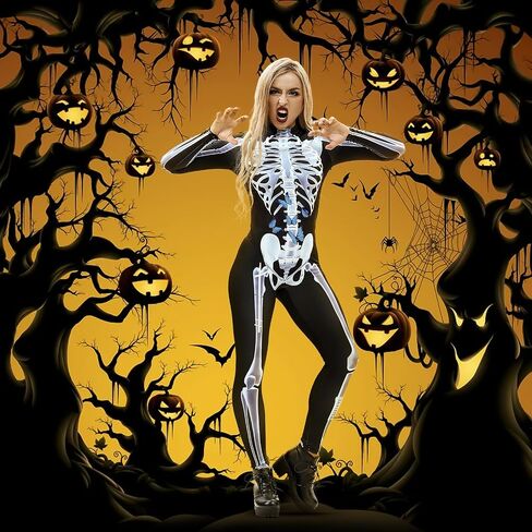هالوين الهيكل العظمي زي المرأة تأثيري ارتداءها الزي 3D طباعة العظام الجمجمة نحيل Catsuit بذلة in Kuwait