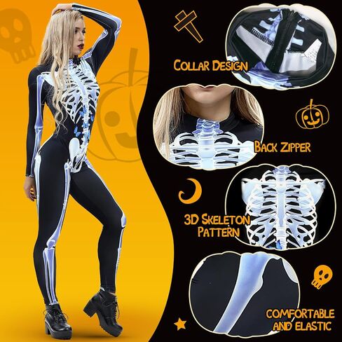 هالوين الهيكل العظمي زي المرأة تأثيري ارتداءها الزي 3D طباعة العظام الجمجمة نحيل Catsuit بذلة in Kuwait
