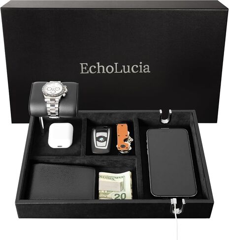 Nightstand Organizer Tray with Watch Stand – PU Leather Valet Tray for Men with Money Clip, Phone Holder & Key Tray – Mens Valet Tray Organizer for Desk & Bedroom Storage by EchoLucia, 12.2x8.6x1.6" in Saudi Arabia