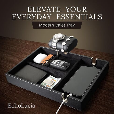 Nightstand Organizer Tray with Watch Stand – PU Leather Valet Tray for Men with Money Clip, Phone Holder & Key Tray – Mens Valet Tray Organizer for Desk & Bedroom Storage by EchoLucia, 12.2x8.6x1.6" in Saudi Arabia