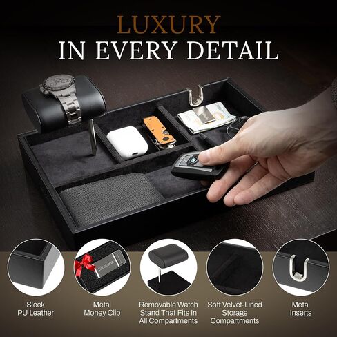 Nightstand Organizer Tray with Watch Stand – PU Leather Valet Tray for Men with Money Clip, Phone Holder & Key Tray – Mens Valet Tray Organizer for Desk & Bedroom Storage by EchoLucia, 12.2x8.6x1.6" in Saudi Arabia