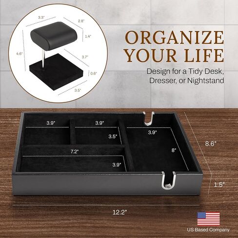 Nightstand Organizer Tray with Watch Stand – PU Leather Valet Tray for Men with Money Clip, Phone Holder & Key Tray – Mens Valet Tray Organizer for Desk & Bedroom Storage by EchoLucia, 12.2x8.6x1.6" in Saudi Arabia