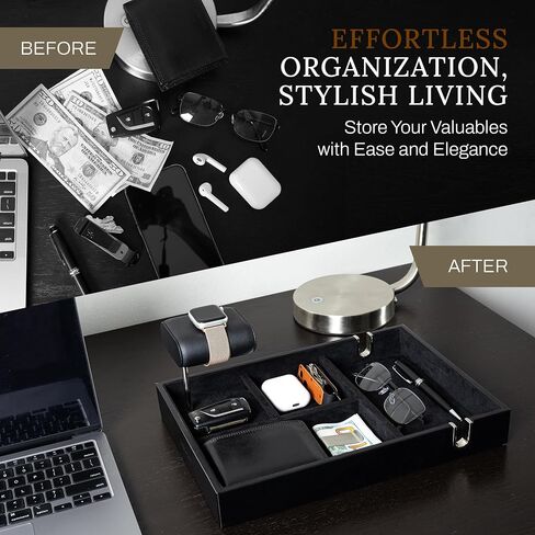 Nightstand Organizer Tray with Watch Stand – PU Leather Valet Tray for Men with Money Clip, Phone Holder & Key Tray – Mens Valet Tray Organizer for Desk & Bedroom Storage by EchoLucia, 12.2x8.6x1.6" in Saudi Arabia