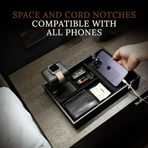 Nightstand Organizer Tray with Watch Stand – PU Leather Valet Tray for Men with Money Clip, Phone Holder & Key Tray – Mens Valet Tray Organizer for Desk & Bedroom Storage by EchoLucia, 12.2x8.6x1.6" in Saudi Arabia